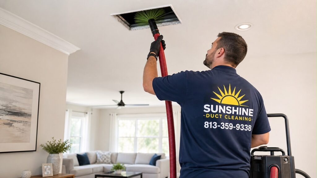 Sunshine Duct Cleaning technician cleaning a ceiling air duct with a specialized vacuum