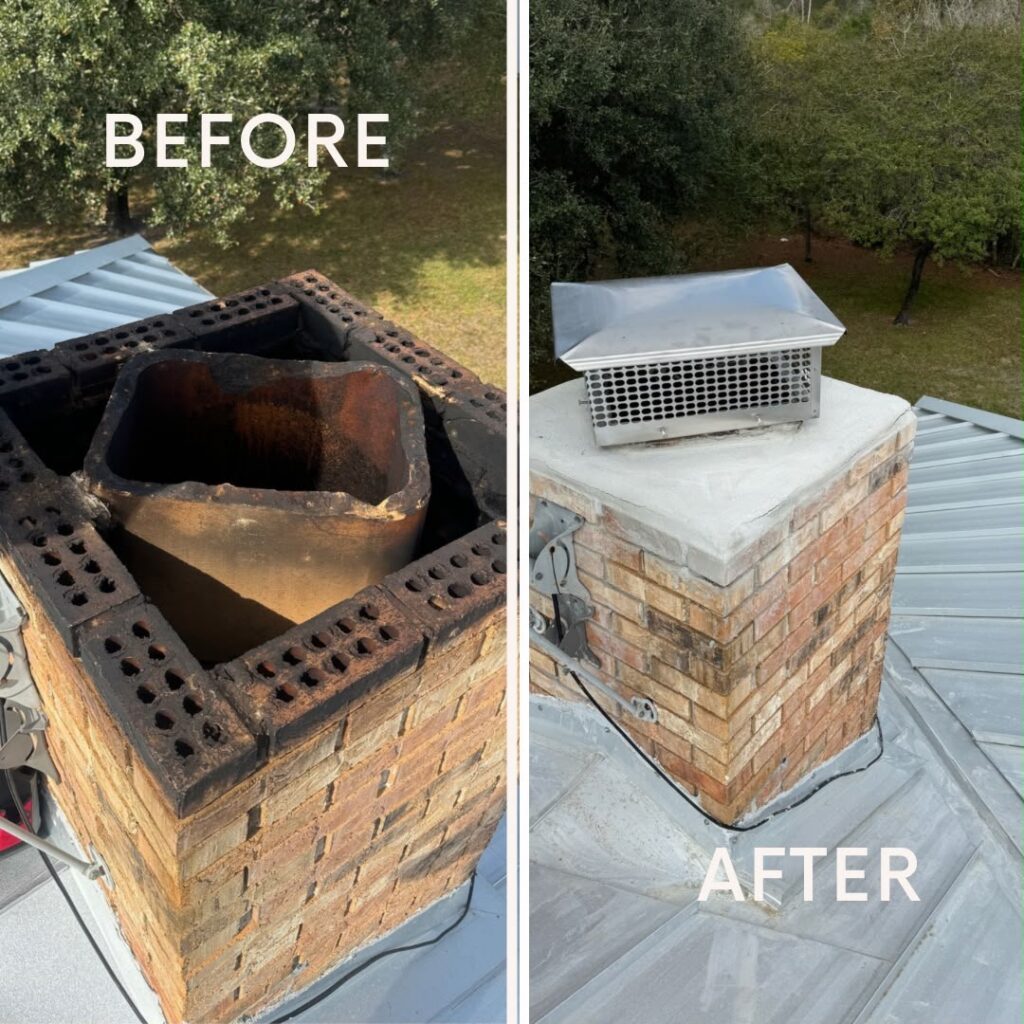 Chimney flue restoration before and after cleaning in New Port Richey FL